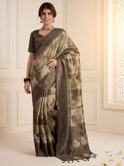 Akhilam - Women's Cotton Silk Olive Digital Print Tussar Saree with Unstitched Blouse