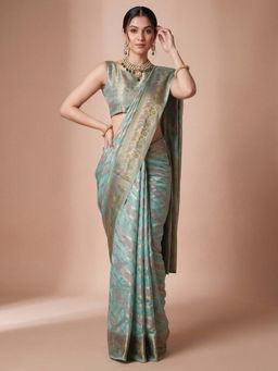 Akhilam - Women's Organza Light Blue Woven Design Banarasi Saree with Unstitched Blouse
