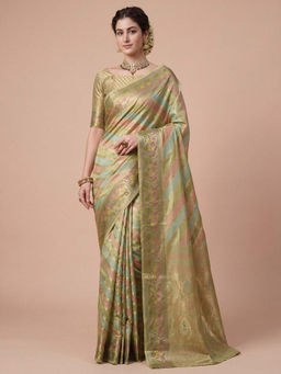 Akhilam - Women's Organza Light Green Woven Design Banarasi Saree with Unstitched Blouse