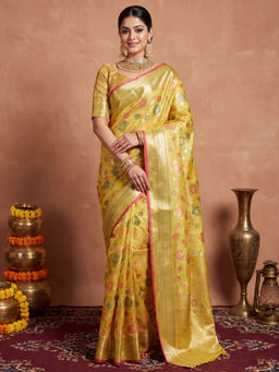 Akhilam - Women's Organza Yellow Woven Design Banarasi Saree with Unstitched Blouse