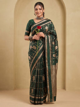 Akhilam - Women's Silk Blend Green Woven Design Banarasi Saree with Unstitched Blouse