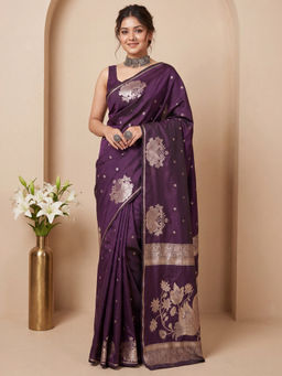Akhilam - Women's Silk Blend Wine Woven Design Banarasi Saree with Unstitched Blouse