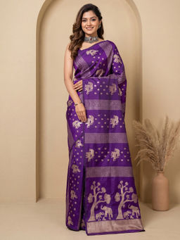 Akhilam - Women's Silk Blend Purple Woven Design Banarasi Saree with Unstitched Blouse