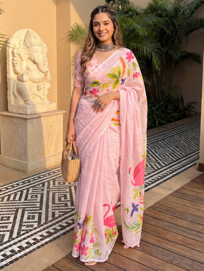 Women's Linen Pink Printed Party Wear Saree with Unstitched Blouse