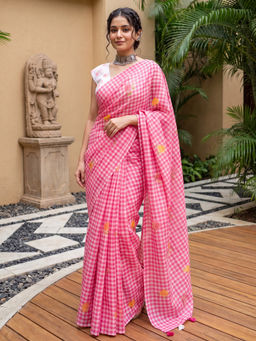 Akhilam - Women's Linen Pink Printed Party Wear Saree with Unstitched Blouse