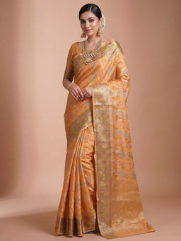 Akhilam - Women's Organza Orange Woven Design Banarasi Saree with Unstitched Blouse