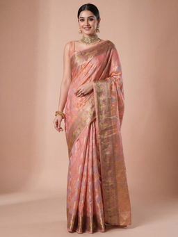 Akhilam - Women's Organza Pink Woven Design Banarasi Saree with Unstitched Blouse