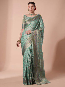 Akhilam - Women's Organza Light Blue Woven Design Banarasi Saree with Unstitched Blouse