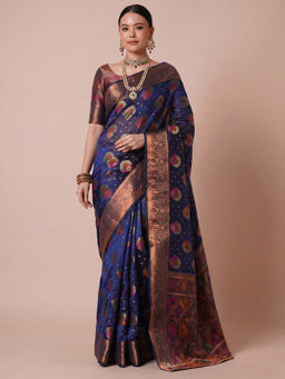 Akhilam - Women's Organza Navy Blue Woven Design Banarasi Saree with Unstitched Blouse