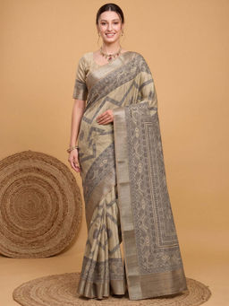 Akhilam - Women's Satin Silk Beige Digital Print Tussar Saree with Unstitched Blouse