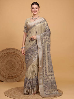 Akhilam - Women's Satin Silk Beige Digital Print Tussar Saree with Unstitched Blouse