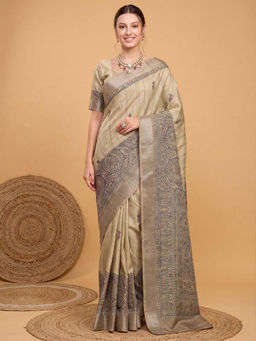 Akhilam - Women's Satin Silk Beige Digital Print Tussar Saree with Unstitched Blouse
