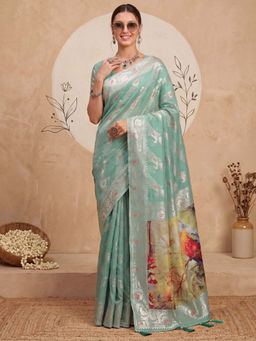 Akhilam - Women's Organza Turquoise Woven Design Banarasi Saree with Unstitched Blouse