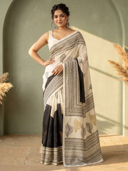 Akhilam - Women's Bhagalpuri Silk White Printed Block Print Saree with Unstitched Blouse