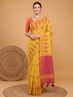 Akhilam - Women's Linen Yellow Woven Design Block Print Saree with Unstitched Blouse