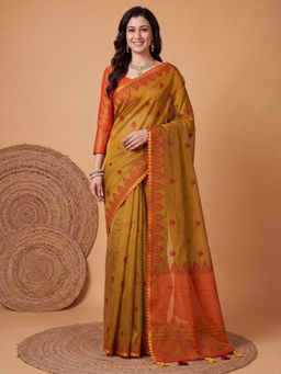 Akhilam - Women's Linen Gold Woven Design Block Print Saree with Unstitched Blouse