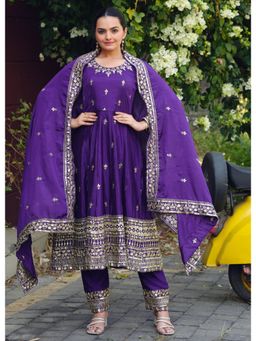 Anveri Textiles - Women Lavender Chinon Anarkali Kurta and Palazzo with Dupatta
