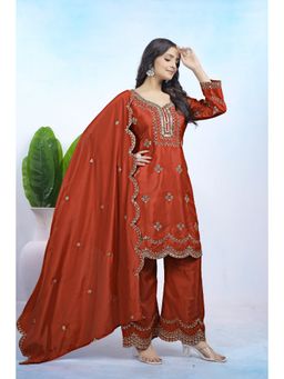 Anveri Textiles - Women Orange Crepe Kurta with Palazzo and Dupatta