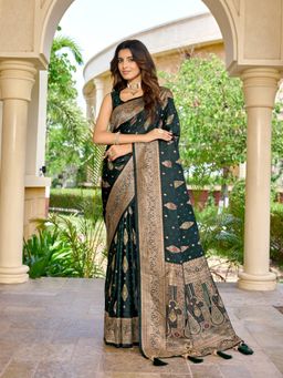 Manohari - Women Soft Satin Banarasi Green Jacquard Saree Paisley Motif with Unstitched Blouse Piece