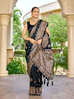 Manohari - Women Designer Banarasi Blue Jacquard Saree and Golden Buti with Unstitched Blouse Piece