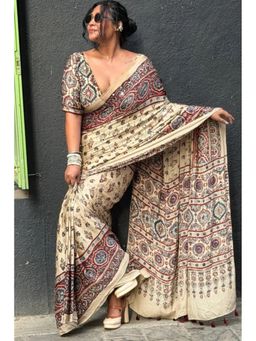 Mysilklove - White Ajrakh Printed Satin Crepe Silk Saree with Unstitched Blouse Piece