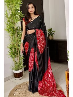 Mysilklove - Charcoal Black and Red Gaji Bandej Satin Soft Silk Saree with Unstitched Blouse Piece