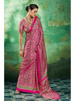 Mysilklove - Paradise Pink Modal Ajrakh Satin Printed Silk Saree with Unstitched Blouse Piece