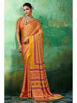 Mysilklove - Citrus Spark Yellow Modal Ajrakh Satin Printed Silk Saree with Unstitched Blouse Piece
