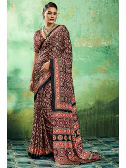 Mysilklove - Raven Glow Black Modal Ajrakh Satin Printed Silk Saree with Unstitched Blouse Piece