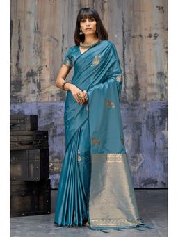 Mysilklove - Cyan Blue Handloom Satin Soft Silk Saree with Unstitched Blouse Piece