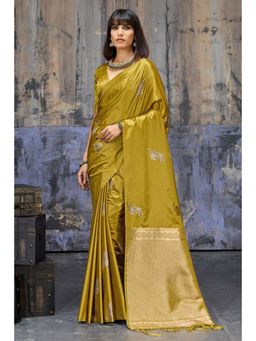 Mysilklove - Honey Yellow Handloom Satin Soft Silk Saree with Unstitched Blouse Piece