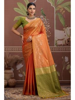 Mysilklove - Metallic Orange Banarasi Handloom Tussar Saree with Unstitched Blouse Piece