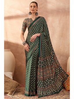 Mysilklove - Evergreen Modal Ajrakh Satin Printed Silk Saree with Unstitched Blouse Piece