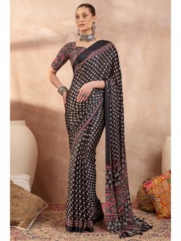 Mysilklove - Abbey Black Modal Ajrakh Satin Printed Silk Saree with Unstitched Blouse Piece