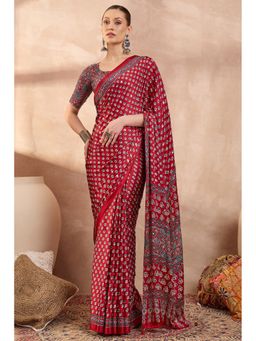 Mysilklove - Rosewood Red Modal Ajrakh Satin Printed Silk Saree with Unstitched Blouse Piece