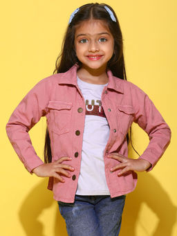 Tales & Stories - Girls Pink Full Sleeves Cotton Regular Fit Solid Shacket