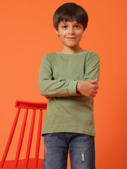 Tales & Stories - Boys Olive Cotton Regular Full Sleeve Solid T-Shirt