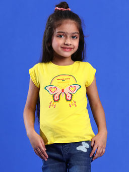 Tales & Stories - Girls Printed Yellow Cotton Regular Fit T-Shirt