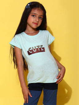 Tales & Stories - Girls Aqua Cotton Regular Fit T-Shirt