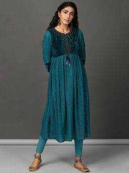 NUHH - Flared Teal Crinkle Cotton Anarkali Set (Set of 2)
