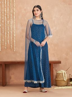 Gajra Gang - Nazakat Blue Chevron Thread & Sequinned Jumpsuit & Cape GGJS03 (Set of 2)