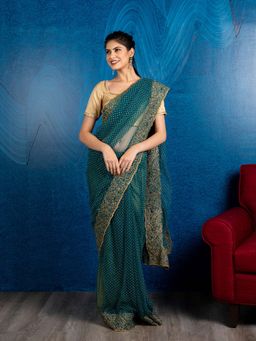 Beatitude - Green Embroidered Net Saree with Unstitched Blouse