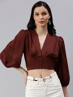 SHOWOFFFF - Women's V-neck Solid Brown Crop Top