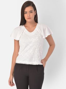 Latin Quarters - White Half Sleeve Embellished Polyester Top