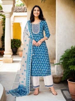 Gahan - Cotton Blend Yoke Embroidered & Block Printed Blue Kurta Pant & Dupatta (Set of 3)