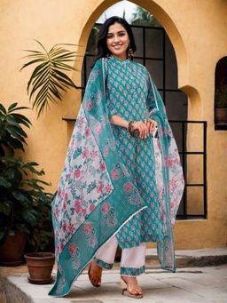 Gahan - Cotton Blend Floral Printed with Lace Work Turquoise Kurta Pant & Dupatta (Set of 3)