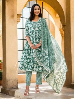Gahan - Cotton Floral Printed with Gathering Green Anarkali Kurta Pant & Dupatta (Set of 3)
