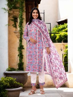 Gahan - Cotton Floral Printed with Lace Work Blue Kurta Pant & Dupatta (Set of 3)