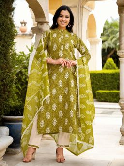Gahan - Cotton Ethnic Motifs Printed Green Kurta Pant & Printed Dupatta (Set of 3)