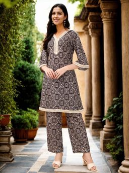 Gahan - Cotton Blend Geometric Printed with Cotton Lace Work Black Co-Ord (Set of 2)